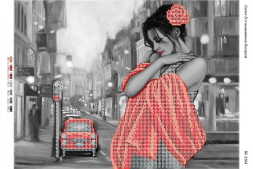 Дівчина в червоному на тлі міста