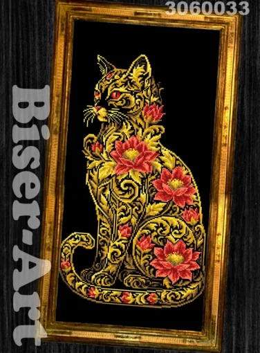 Схема вишивки бісером Золотий котик з квітами (3060033)