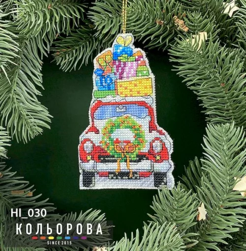 Новорічна іграшка на пластиковій основі НІ_030 "Автомобіль Санти"